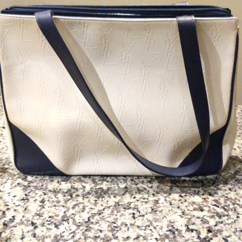 Yves Saint Laurent YSL White and Navy Shoulder Tote with Logo Design - Picture 2 of 10